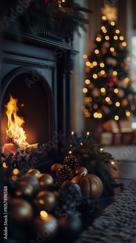 Cozy holiday evening by the fireplace with a Christmas tree and presents nearby