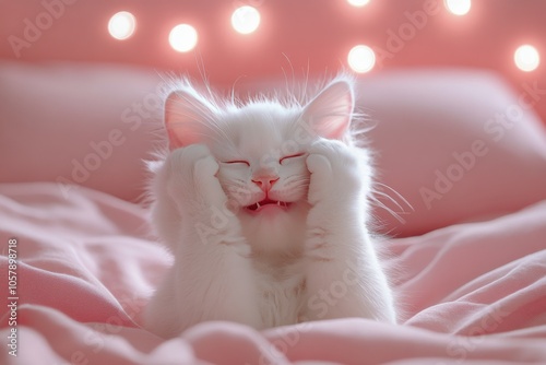 A fluffy white cat joyfully plays and relaxes on a pink bed with soft lights