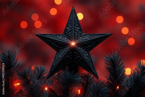 Black Christmas star topper glowing on a redlit tree, 3D illustration photo