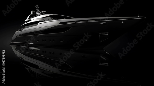 A sleek and stylish black yacht is docked in a dark harbor at night. The yacht is lit up by a few lights, which reflect off the water. photo