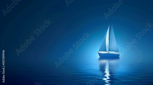 The deep blue sea is the perfect backdrop for this beautiful white sailboat. The boat is in the center of the image, with the wind in its sails.