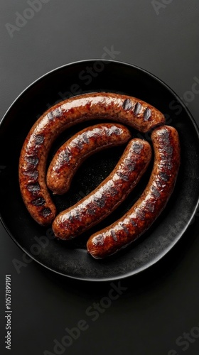 Grilled sausages arranged beautifully on a black plate ready for serving at a...