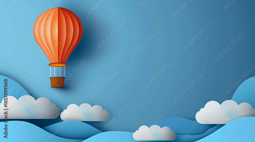 This is a vector illustration of a hot air balloon floating in the sky. The balloon is orange and the sky is blue. This is a vector illustration of a hot air balloon floating in the sky. The balloon is orange and the sky is blue.