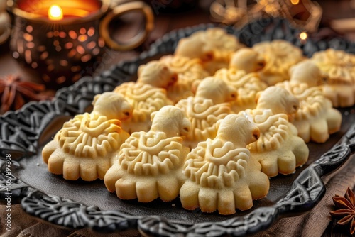 Traditional Muslim holiday greeting card with sheep shaped cookies.