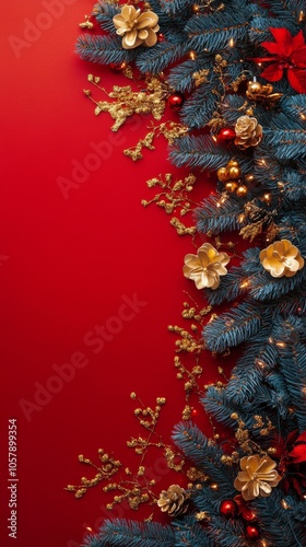 Festive ornaments and evergreen branches on a red background for holiday deco...