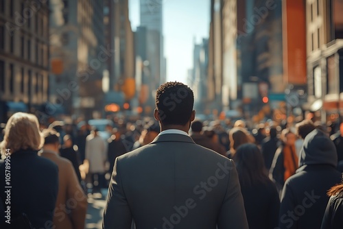 Businessman Walking Through a Blurred City Crowd at Midday