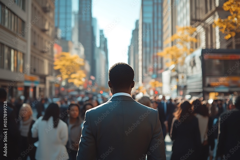 Businessman Walking in a City Crowd with Grey Suit and Backpack Businessman Walking in a City Crowd with Grey Suit and Backpack