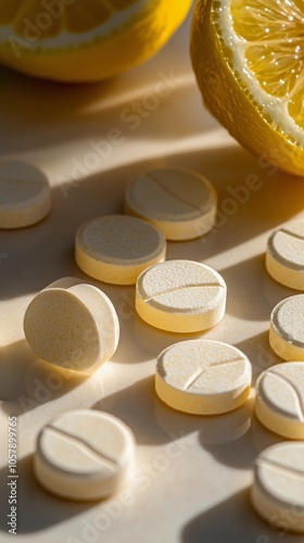 Fresh lemons and dietary supplements arranged on a light surface with natural...