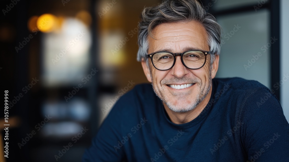 Smiling middle-aged man with glasses and gray hair wearing a blue sweater in a warmly lit indoor setting, showing a positive expression with soft-focus background. Smiling middle-aged man with glasses and gray hair wearing a blue sweater in a warmly lit indoor setting, showing a positive expression with soft-focus background.