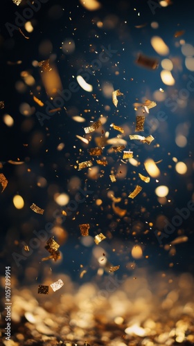 Golden flakes cascading through the air against a dark background in a creati...