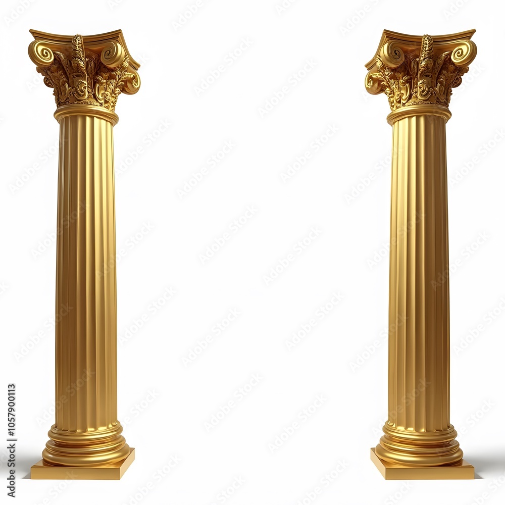 Fototapeta premium Pair of Golden Classical Columns Isolated on White Background