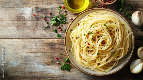 Spaghetti Aglio e Olio. The most popular Italian dishes. Simple spaghetti with a glossy, pale oil and flecks of parsley and garlic.