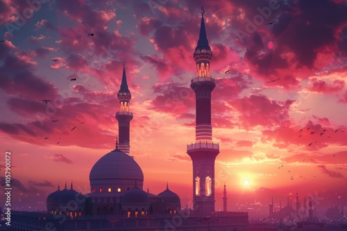 Beautiful mosque minaret at sunset for Eid celebration poster. photo