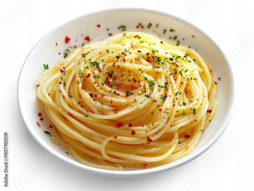 Spaghetti Aglio e Olio. The most popular Italian dishes. Simple spaghetti with a glossy, pale oil and flecks of parsley and garlic.