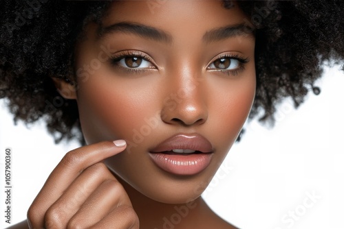 Beautiful young woman with curly hair showcasing natural makeup and healthy s...