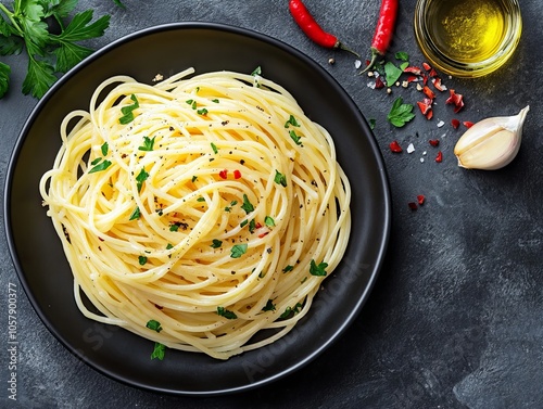 Spaghetti Aglio e Olio. The most popular Italian dishes. Simple spaghetti with a glossy, pale oil and flecks of parsley and garlic.