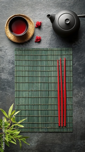 Table setting with red chopsticks, a teapot, and tea amidst greenery on a bam...