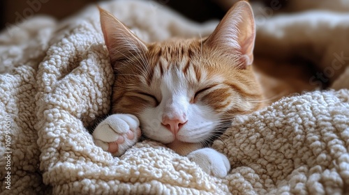 A serene orange tabby cat peacefully sleeping on a cozy knit blanket indoors