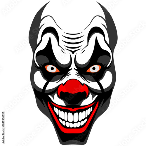 Psycho killer clown mask evil clown face with red nose and lips portrait from the front. Creepy horror clown smiley face, Joker Smile for Halloween realistic illustration graphic	