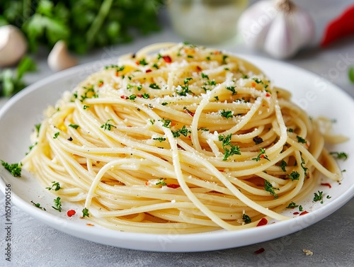 Spaghetti Aglio e Olio. The most popular Italian dishes. Simple spaghetti with a glossy, pale oil and flecks of parsley and garlic.