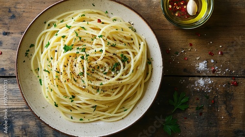 Spaghetti Aglio e Olio. The most popular Italian dishes. Simple spaghetti with a glossy, pale oil and flecks of parsley and garlic.