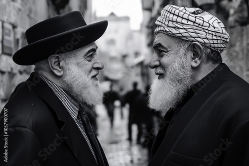 Muslim and Jewish people talking on city street photo