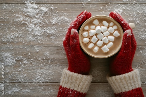 Warm hands holding a cup of hot chocolate with marshmallows on a snowy winter...