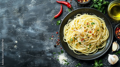 Spaghetti Aglio e Olio. The most popular Italian dishes. Simple spaghetti with a glossy, pale oil and flecks of parsley and garlic.