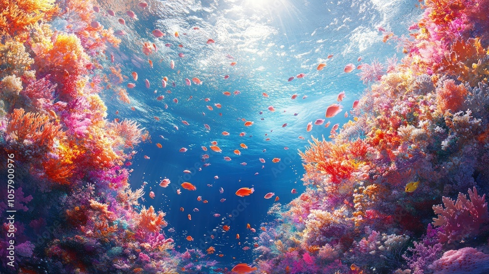Fototapeta premium Vibrant coral reef teeming with life under a sunlit ocean surface.