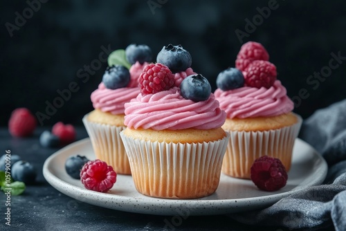 Delicious cupcake topped with fresh raspberries and blueberries on a plate in...