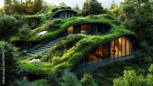 A modern, eco-friendly house integrated into a lush, green landscape with large windows.