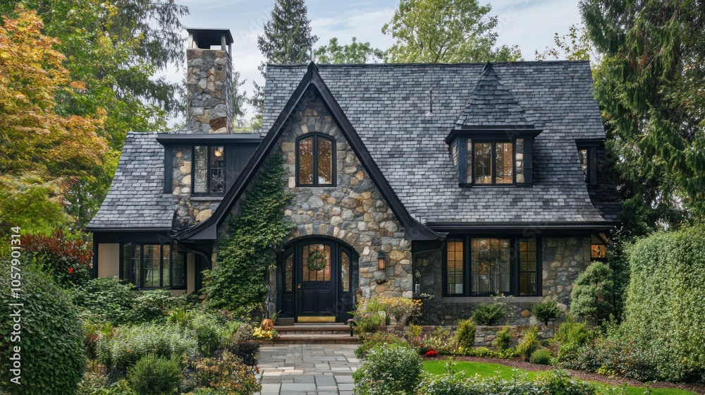 Fototapeta premium Charming stone cottage with a landscaped garden and a slate roof amidst greenery.
