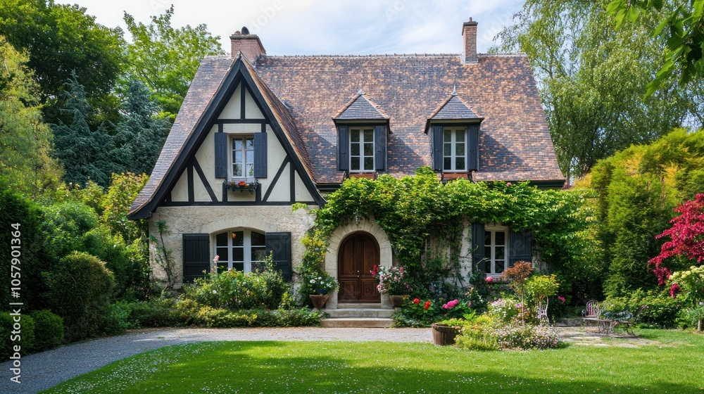 A charming house surrounded by lush greenery and colorful flowers in a tranquil setting. A charming house surrounded by lush greenery and colorful flowers in a tranquil setting.