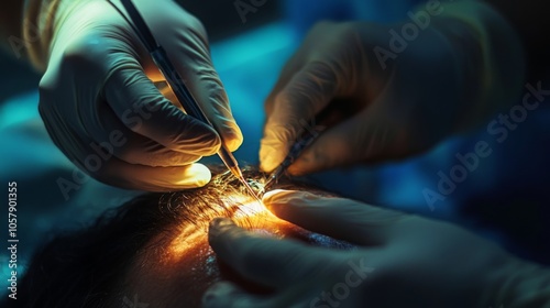 A skilled surgeon performs intricate maneuvers using specialized instruments during a neurosurgery procedure, ensuring precision and care in a sterile operating room environment.