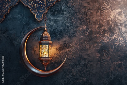 Islamic decoration with lantern and crescent moon for various occasions. photo