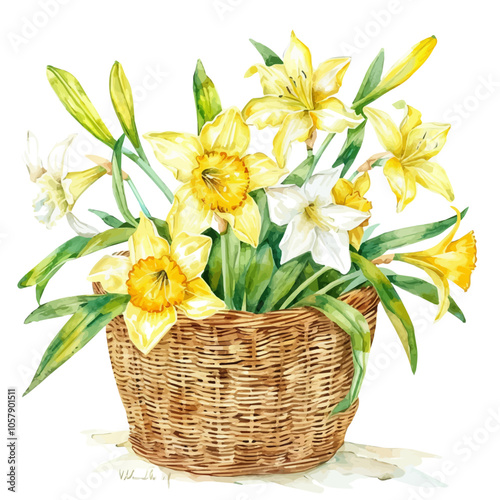 Watercolor drawing of a basket of lilies and daffodils flower, isolated on a white background