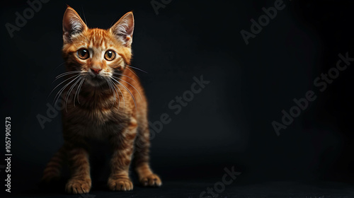 A ginger cat sits on a black background, looking at the camera with wide eyes.