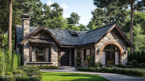 Wallpaper Mural A charming stone cottage surrounded by lush greenery in a serene outdoor setting. Torontodigital.ca