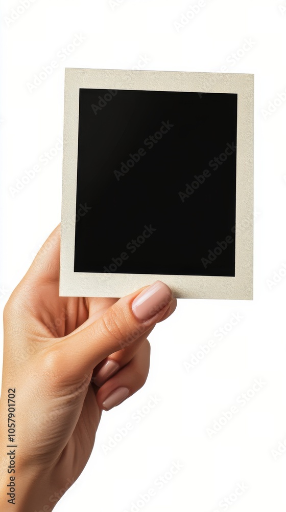 A person holding a blank square photo frame under natural light indoors in a cozy setting A person holding a blank square photo frame under natural light indoors in a cozy setting