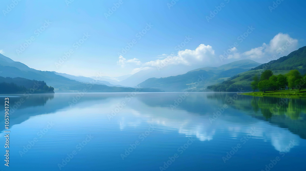 This is a beautiful landscape image of a mountain lake. The water is a deep blue color and the sky is clear with a few white clouds. This is a beautiful landscape image of a mountain lake. The water is a deep blue color and the sky is clear with a few white clouds.