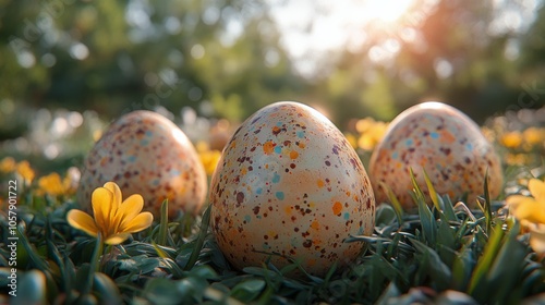 Serene sunset over a field of flowers with an egg resting on the grass in ear...