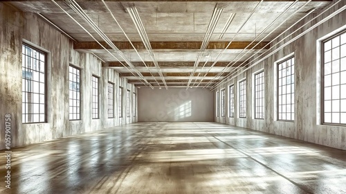 Modern Minimalistic Concrete Coworking Office room with Blank Walls, High Ceilings,and Mockup Frame