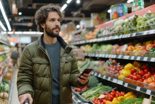 Handsome man checking his smartphone while shopping for fresh produce in a vibrant supermarket