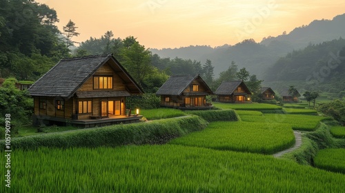 Serene countryside landscape with traditional wooden houses in lush green fie...
