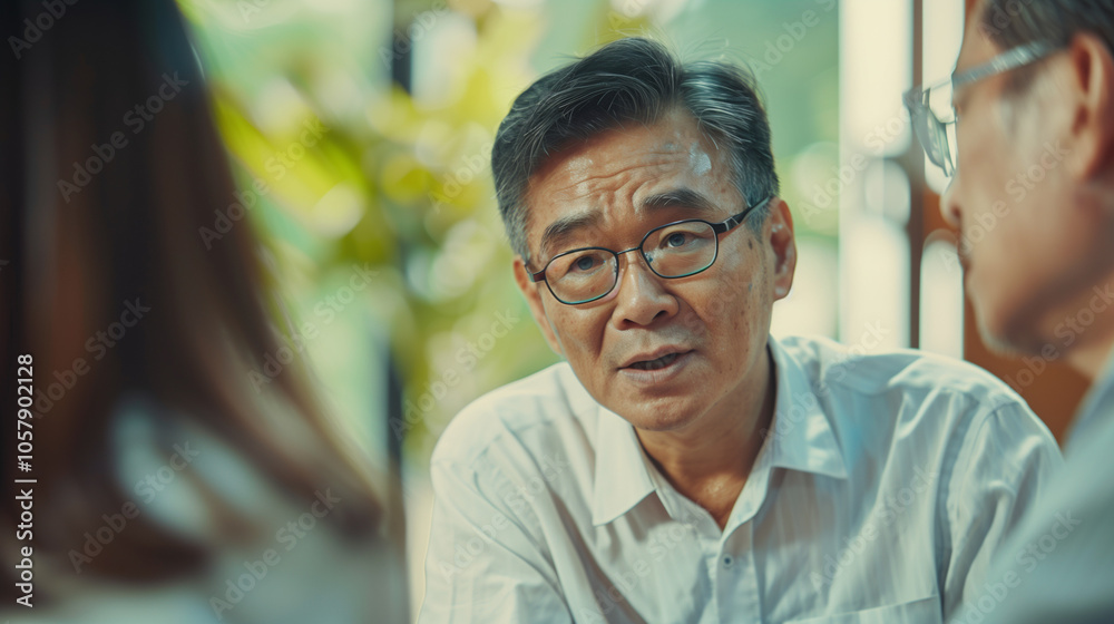 Senior man consults parents in thoughtful conversation, focusing on communication and guidance in an educational context.
