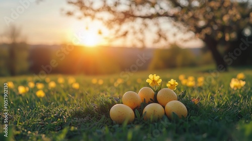 Serene sunset over a field of flowers with an egg resting on the grass in ear...