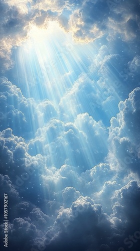 Bright sunlight breaking through clouds in a blue sky during the afternoon