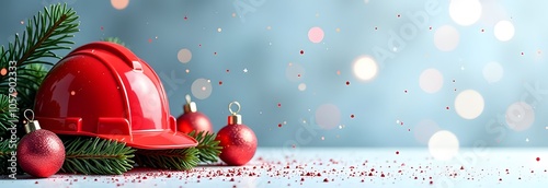 Horizontal background for a banner with a construction helmet and New Year decorations.