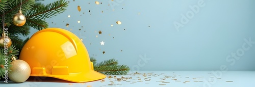 Horizontal background for a banner with a construction helmet and New Year decorations.