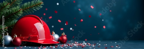 Horizontal background for a banner with a construction helmet and New Year decorations.
